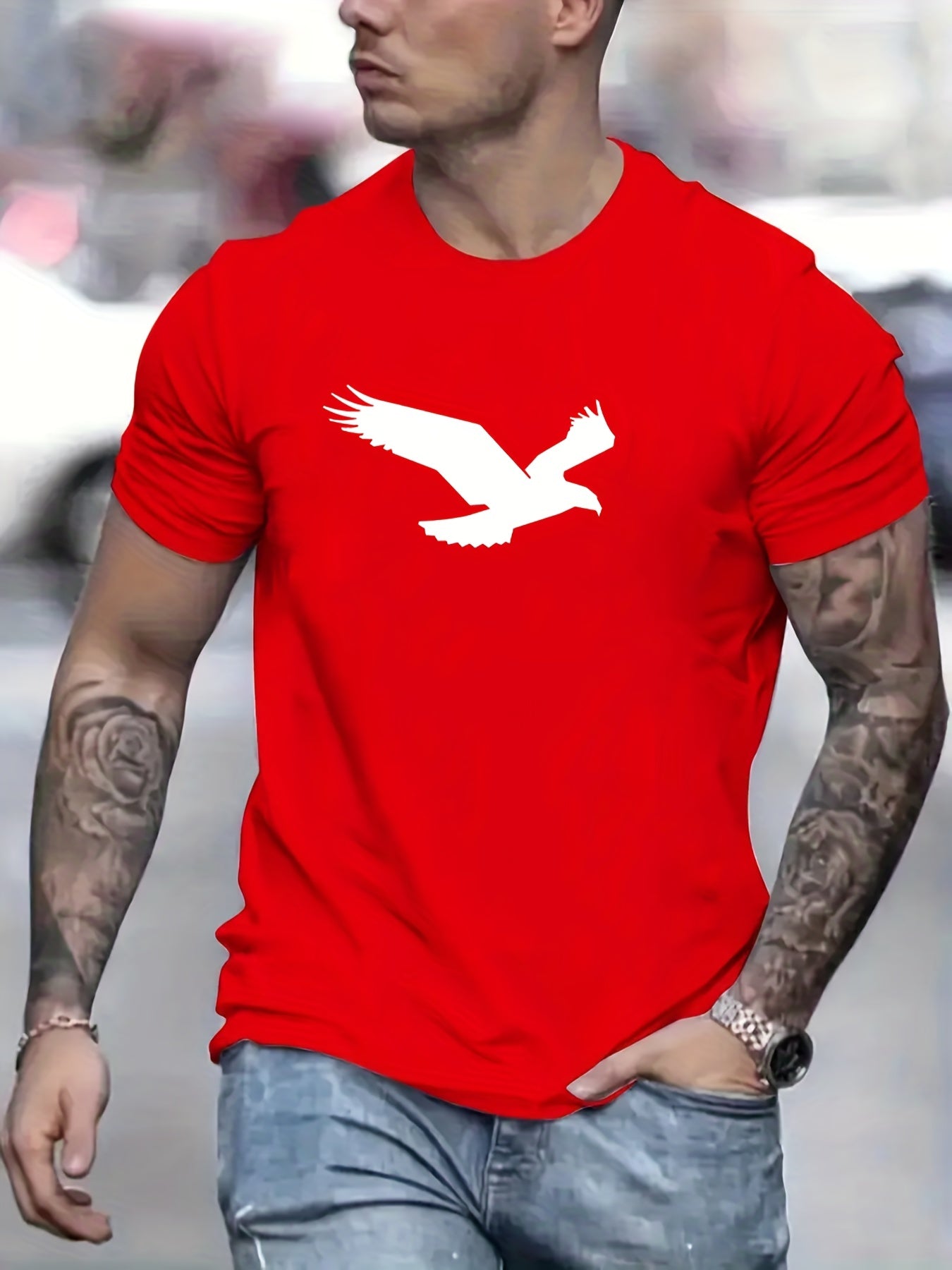 Eagle Pattern T-shirt, Men's Casual Street Style Slightly Stretch Round Neck Tee Shirt For Summer Fall
