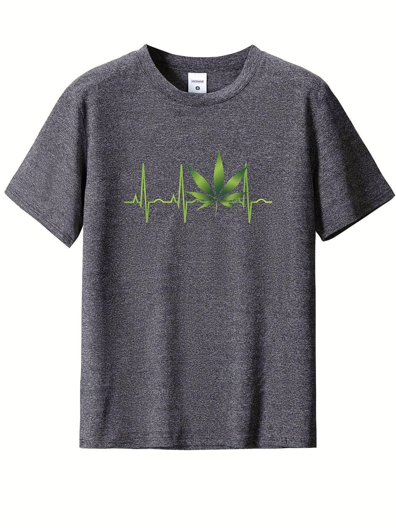 Heart Beat And Leaf Print, Breathability, Summer Round Neck ,Men's Short-sleeve T-shirt, Casual Wear, Men's Clothing