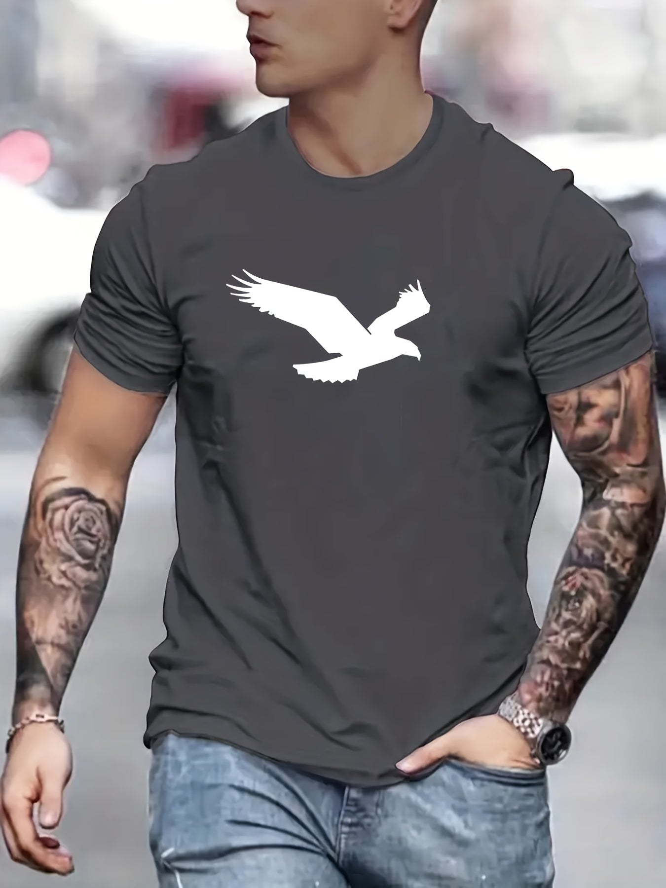 Eagle Pattern T-shirt, Men's Casual Street Style Slightly Stretch Round Neck Tee Shirt For Summer Fall