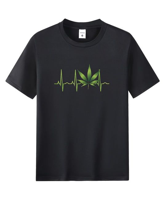 Heart Beat And Leaf Print, Breathability, Summer Round Neck ,Men's Short-sleeve T-shirt, Casual Wear, Men's Clothing