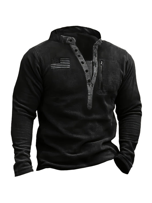 Retro Style Men's Fleece Thick Warm V-neck Clothing With Zipper Pocket For Fall Winter, Gift For Men